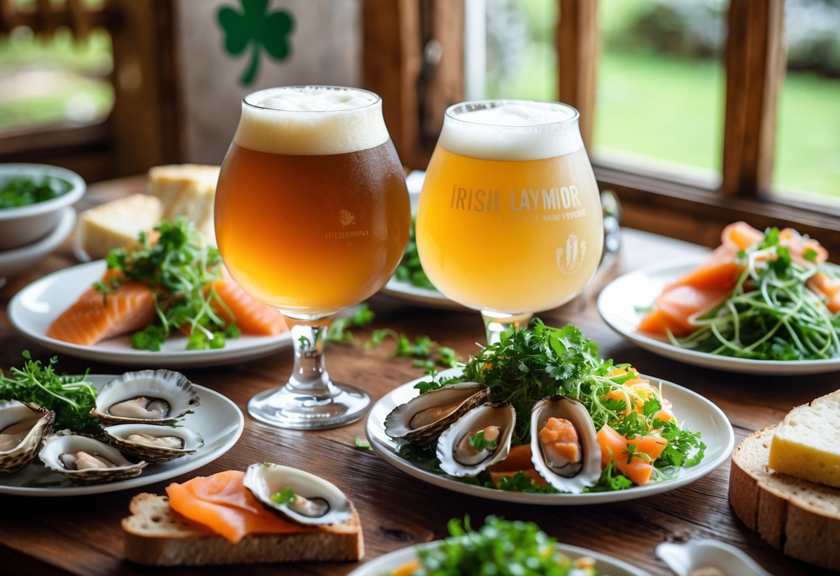Two glasses of Irish lager and wheat beer on a wooden table with plates of seafood, cheese, bread, and salad arranged for a food pairing.