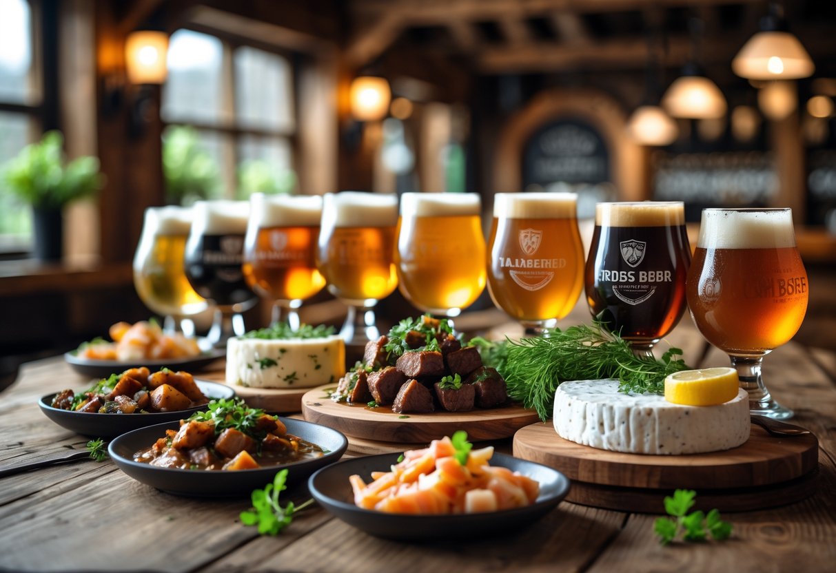 A table set with traditional Irish dishes and glasses of craft beer in a cozy pub setting.
