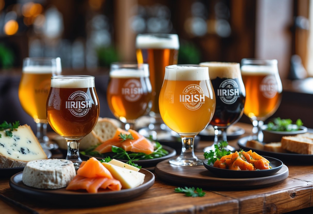 A wooden table with several glasses of Irish craft beer and plates of traditional Irish foods like cheese, smoked salmon, soda bread, and stew.