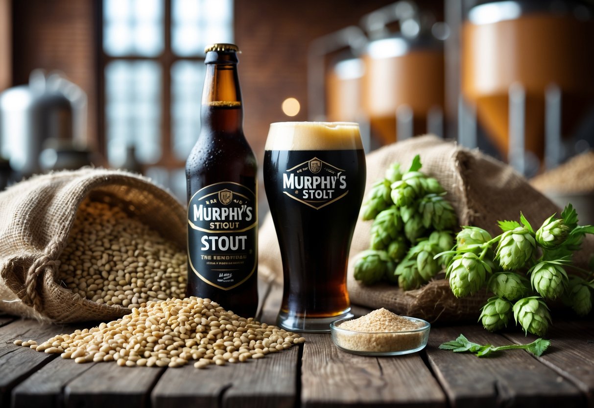 A bottle and glass of Murphy's Stout beer surrounded by malted barley, hops, roasted barley, and yeast on a wooden table.
