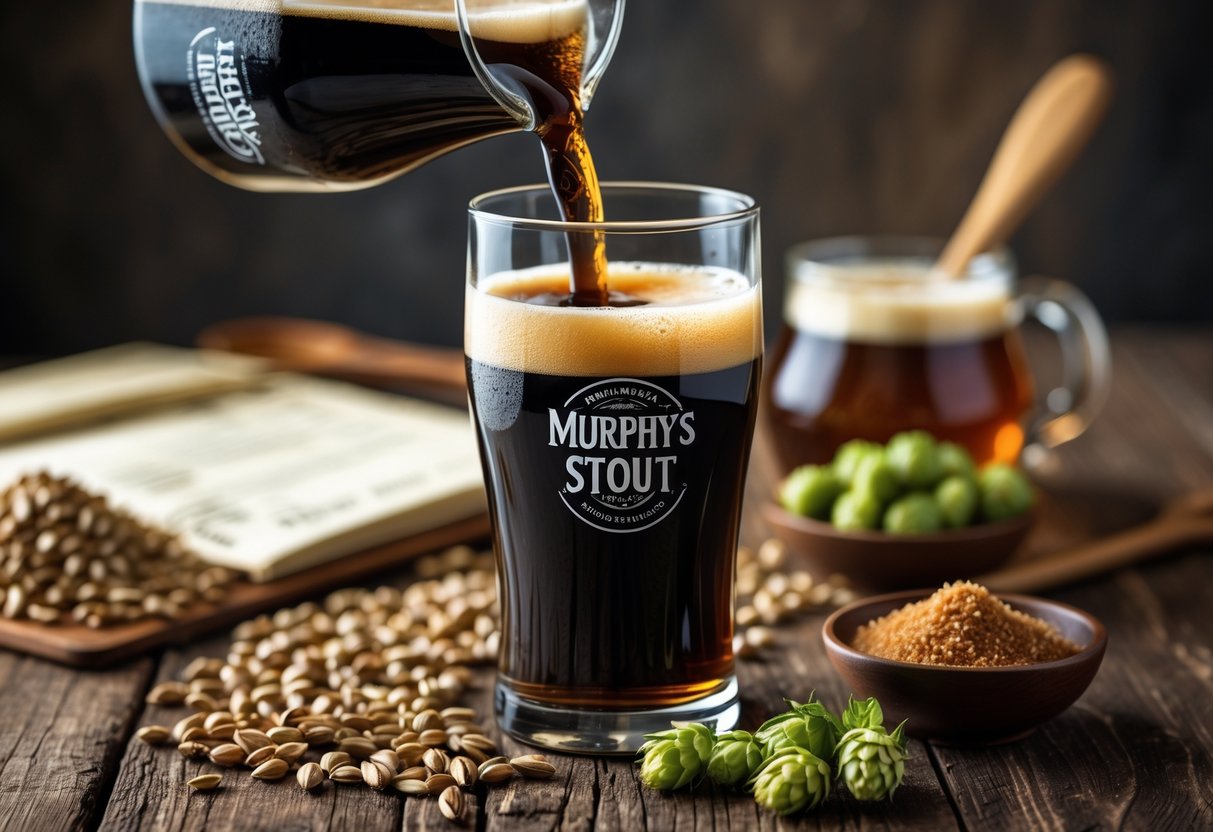 A pint of dark Murphy's Stout beer on a wooden table surrounded by brewing ingredients including roasted barley, malt grains, hops, and brown sugar.