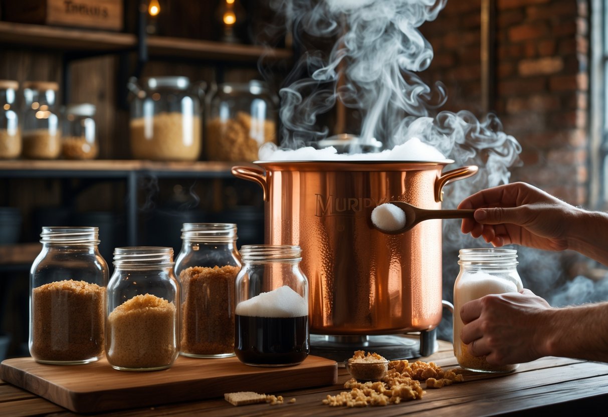 A brewing setup with a copper kettle, jars of different sugars, and a person adding sugar to the stout mixture.