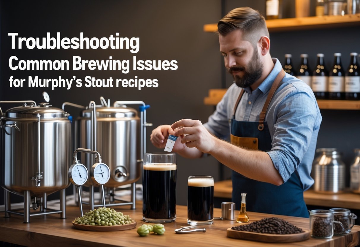 A person inspecting a sample of dark stout beer at a home brewing station with brewing equipment and ingredients nearby.
