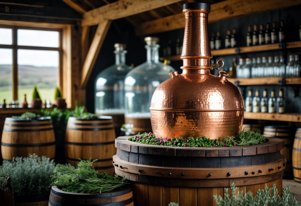 Interior of an Irish gin distillery with a copper pot still, wooden barrels, botanicals, and distillery equipment visible.