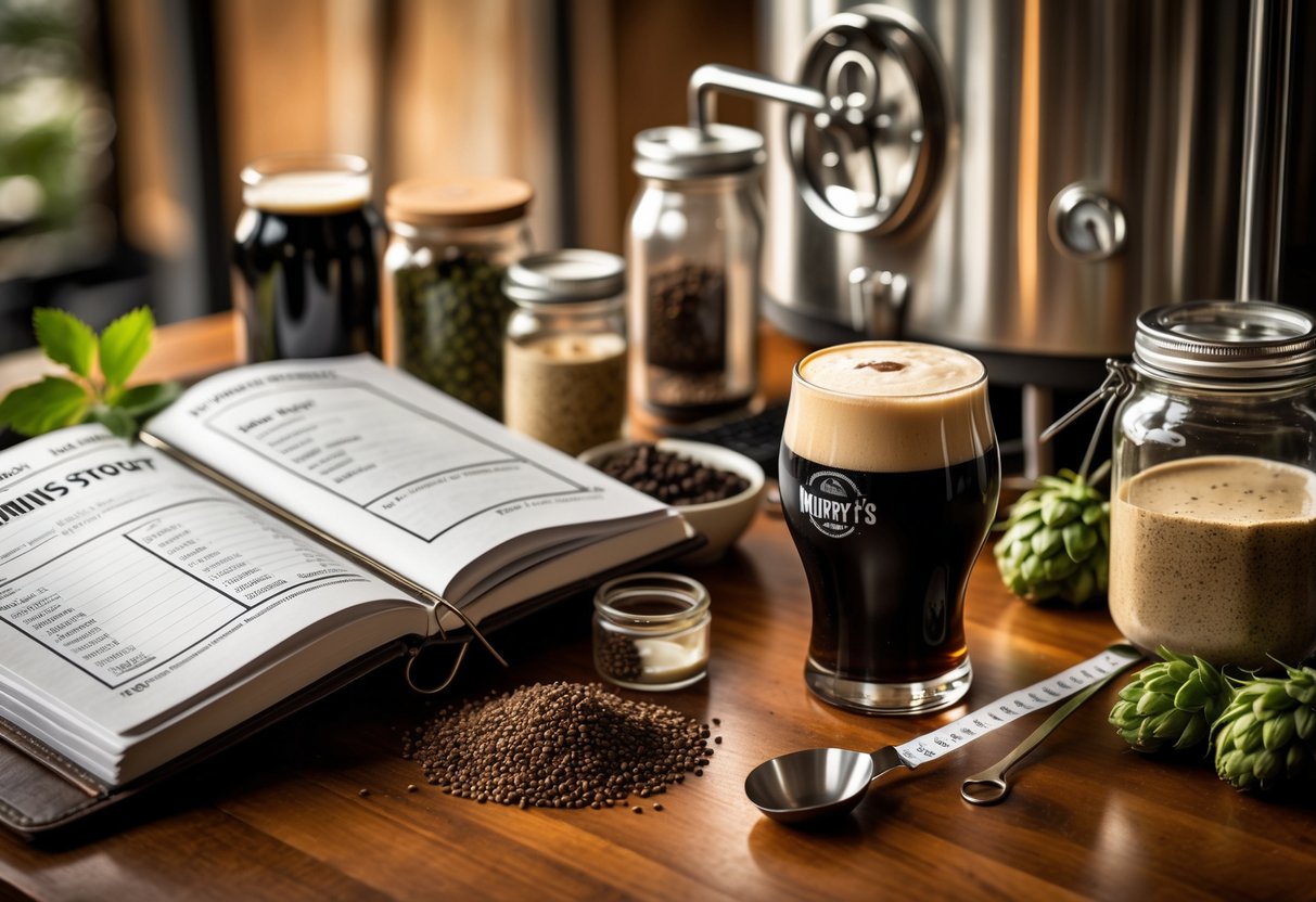 A brewing setup with ingredients, equipment, and a glass of dark stout beer on a wooden table.