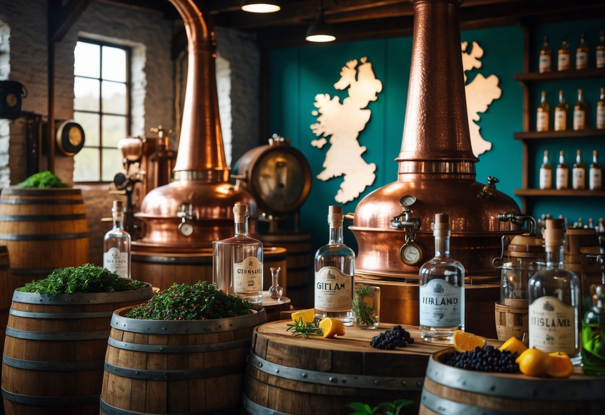 Interior of an Irish gin distillery showing copper stills, wooden barrels, botanicals, and vintage equipment.
