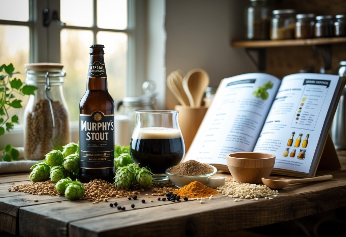 A kitchen countertop with ingredients and equipment for brewing beer using Murphy's stout, including a bottle of stout, grains, hops, and a recipe displayed on a tablet.