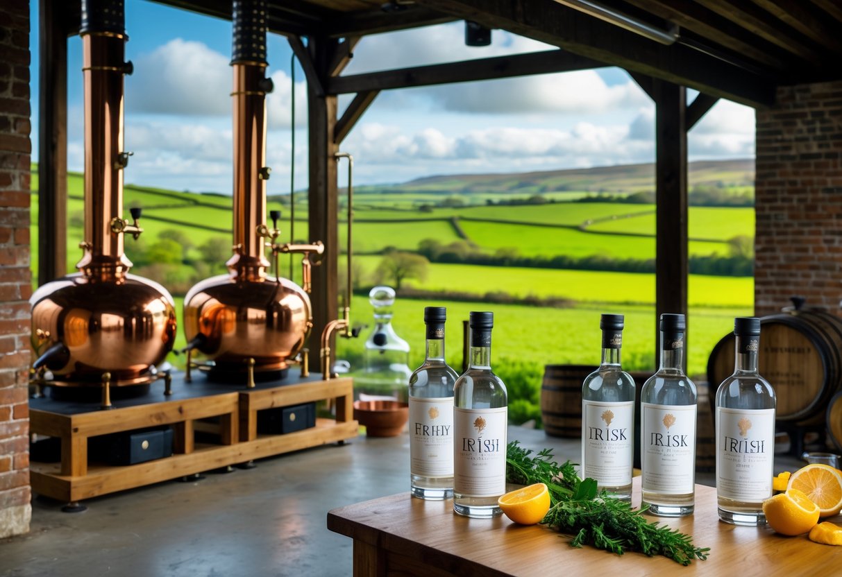 An Irish gin distillery with copper stills inside a rustic building, green fields and hills outside, and bottles of gin with fresh botanicals on a wooden table.