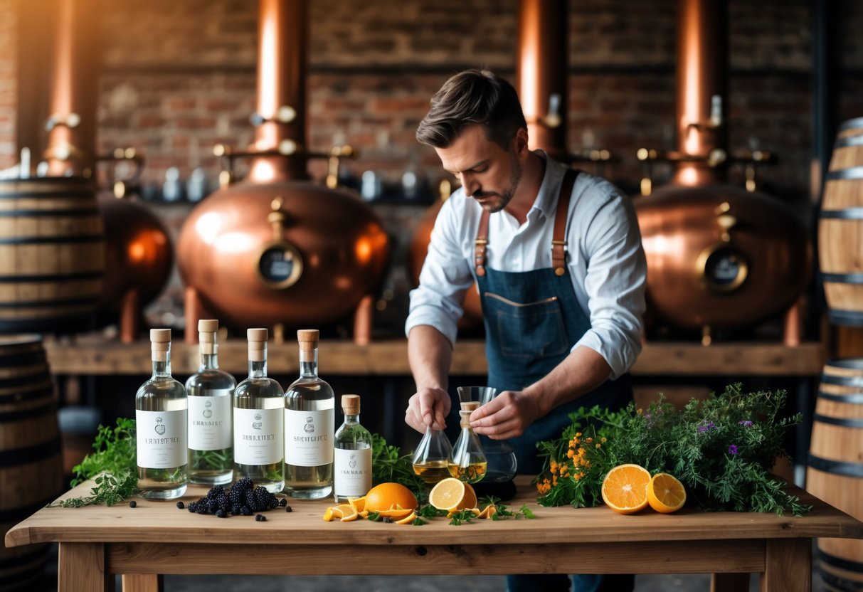 A person measuring ingredients at a wooden table with copper pot stills, glass bottles, and fresh botanicals in an Irish gin distillery.