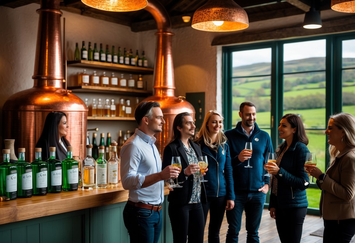 A group of tourists learning about gin production inside an Irish distillery with copper stills and shelves of gin bottles.