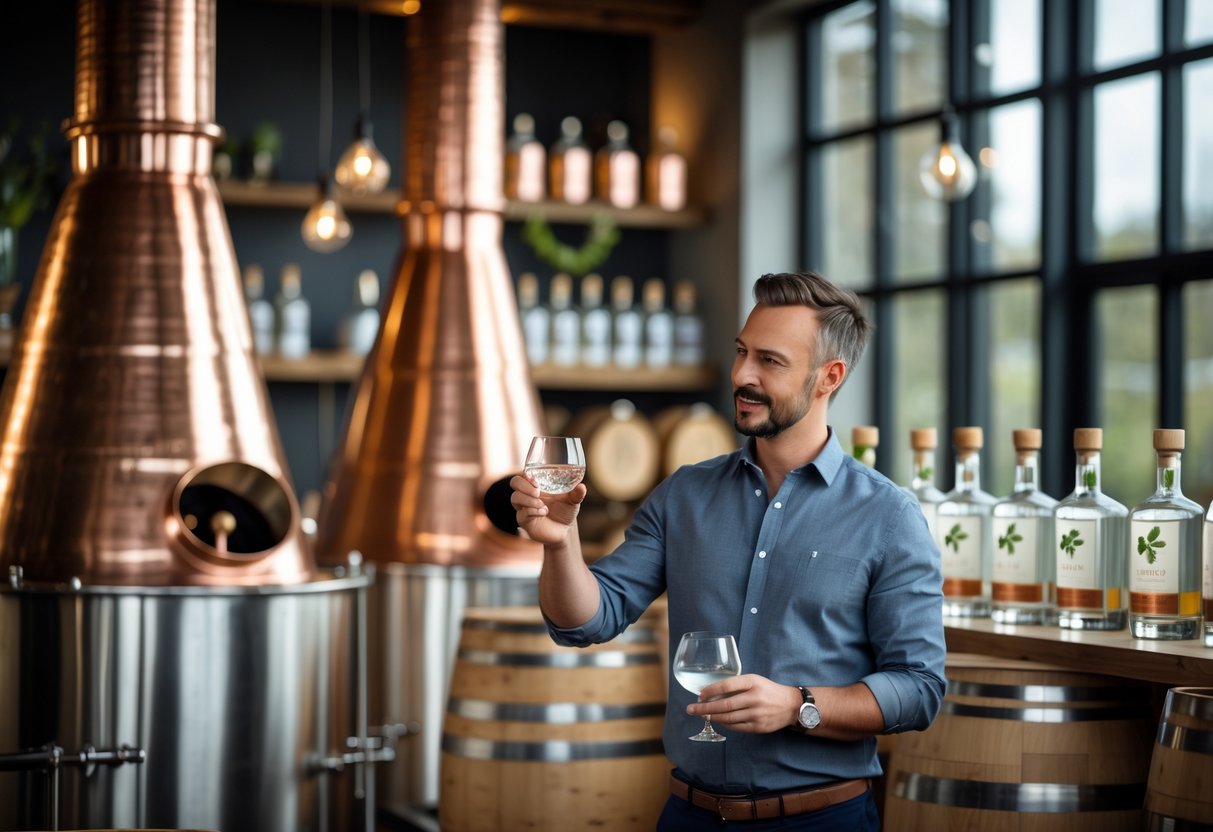 Inside an Irish gin distillery with copper stills, wooden barrels, a person inspecting a glass of gin, and bottles on shelves.
