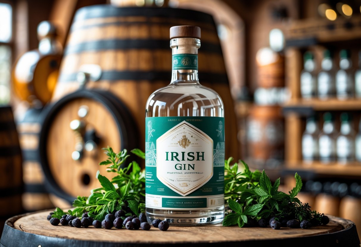 A bottle of Irish gin surrounded by botanicals with distillery equipment and wooden barrels in the background.
