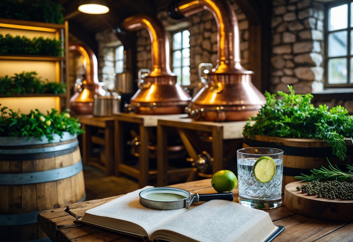 Interior of an Irish gin distillery with copper stills, wooden barrels, botanicals, and a glass of gin on a wooden table.