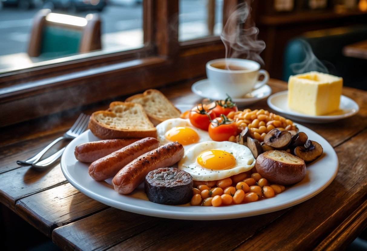 A traditional Irish breakfast plate with bacon, sausages, eggs, black and white pudding, tomatoes, mushrooms, beans, and soda bread on a wooden table in a cozy caf&eacute;.