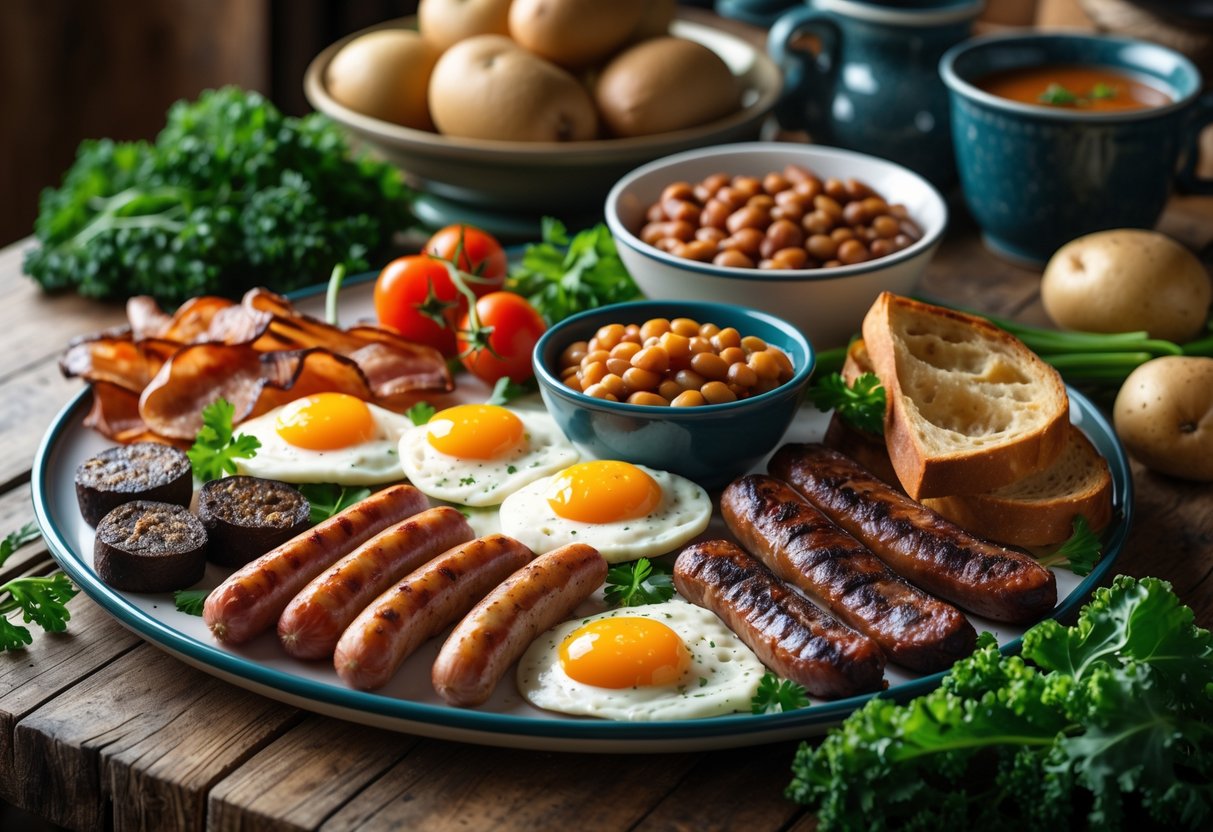 A traditional Irish breakfast with bacon, eggs, sausages, black pudding, tomatoes, mushrooms, baked beans, and soda bread on a wooden table with fresh vegetables and herbs nearby.