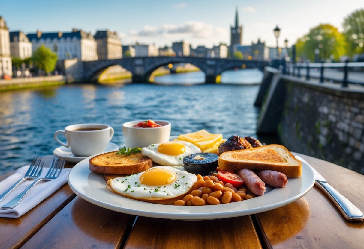 A traditional Irish breakfast plate on a wooden table by the River Liffey with Dublin city buildings and bridges in the background.