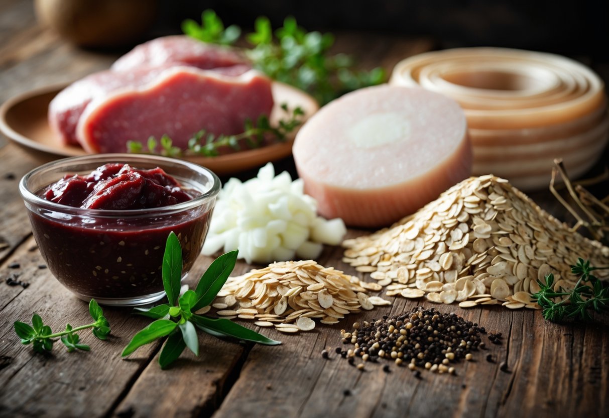 A wooden table displaying raw ingredients for black and white pudding including pork blood, oatmeal, chopped onions, pork fat, herbs, and natural casings.