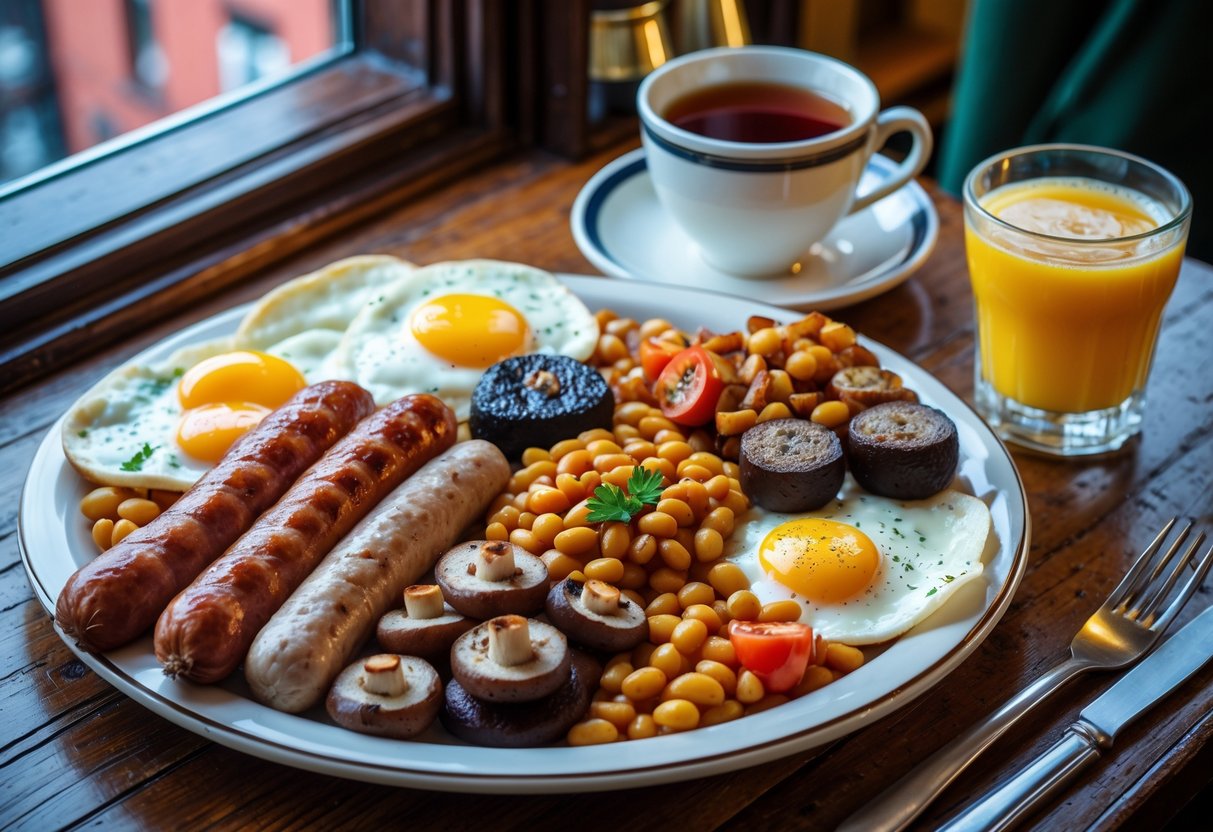 A traditional Irish breakfast with bacon, sausages, eggs, black pudding, baked beans, tomatoes, and mushrooms on a plate, accompanied by a cup of tea and a glass of orange juice on a wooden table.