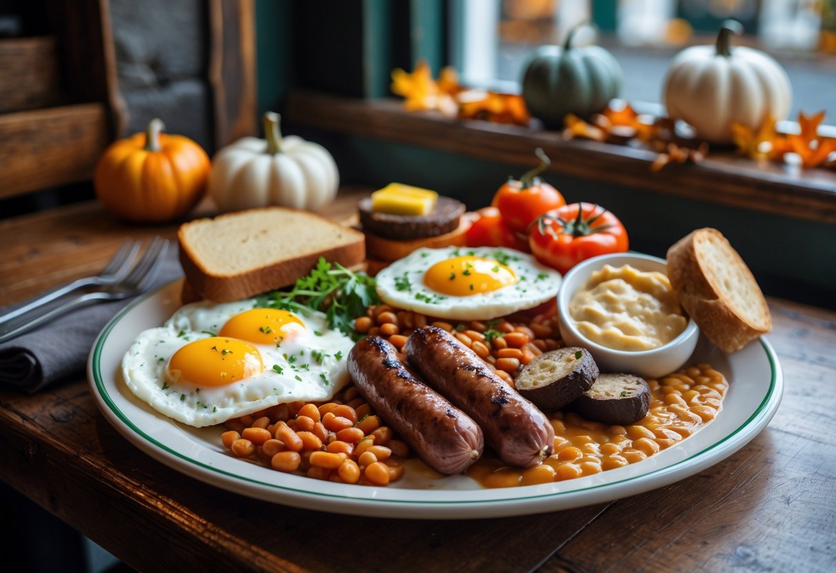 A plate of traditional Irish breakfast with eggs, sausages, bacon, black and white pudding, tomatoes, mushrooms, beans, and soda bread on a wooden table with autumn decorations in the background.