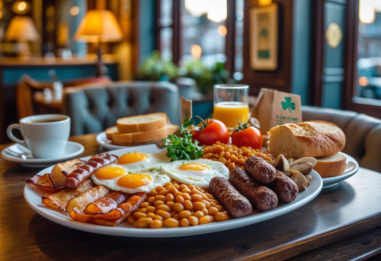 A traditional Irish breakfast with eggs, bacon, sausages, black pudding, tomatoes, mushrooms, beans, and soda bread on a wooden table in a cozy caf&eacute;.