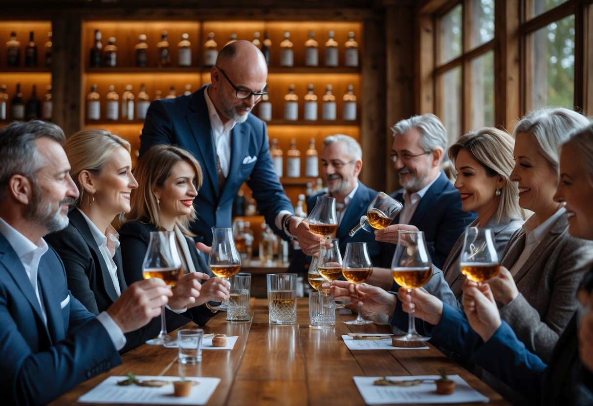 People participating in a whiskey tasting and blending masterclass in a cozy room with wooden shelves of whiskey bottles.