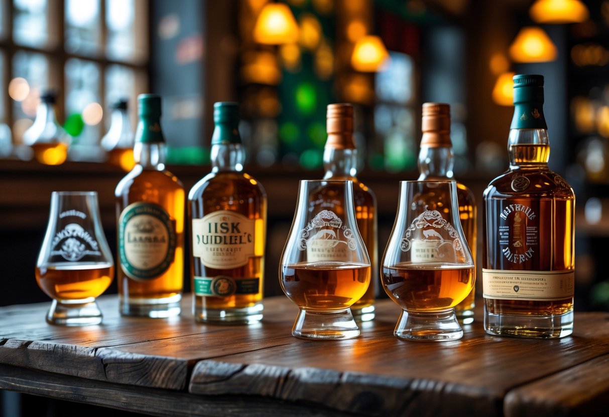 A table with several bottles of Irish whiskey and glasses filled with whiskey in a cozy pub setting in Dublin.