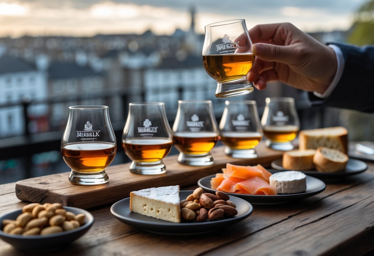 A hand holding a glass of whiskey above a wooden table with plates of cheese, smoked salmon, soda bread, and nuts, with Dublin city buildings blurred in the background.
