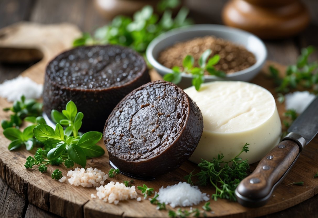 Close-up of sliced black and white pudding on a wooden table with herbs and a knife.