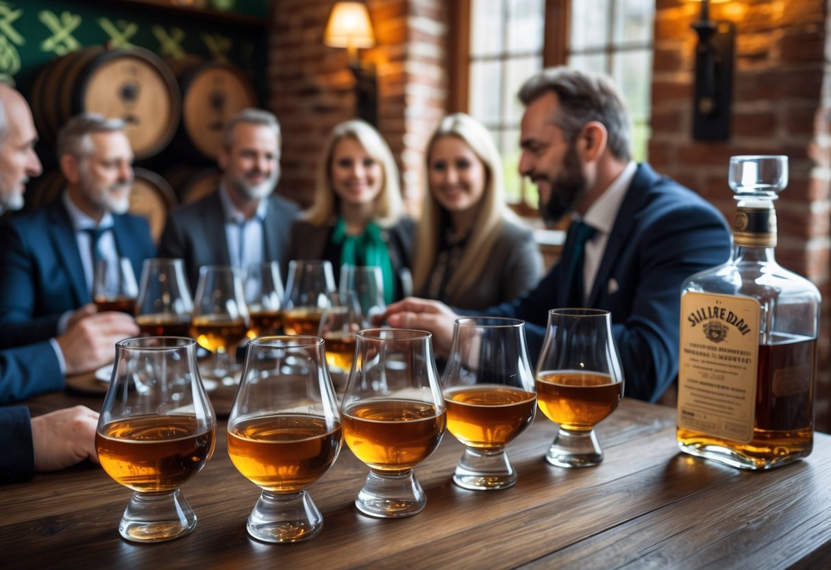 A group of people tasting whiskey around a wooden table in a cozy room with exposed brick walls and traditional Irish decor.
