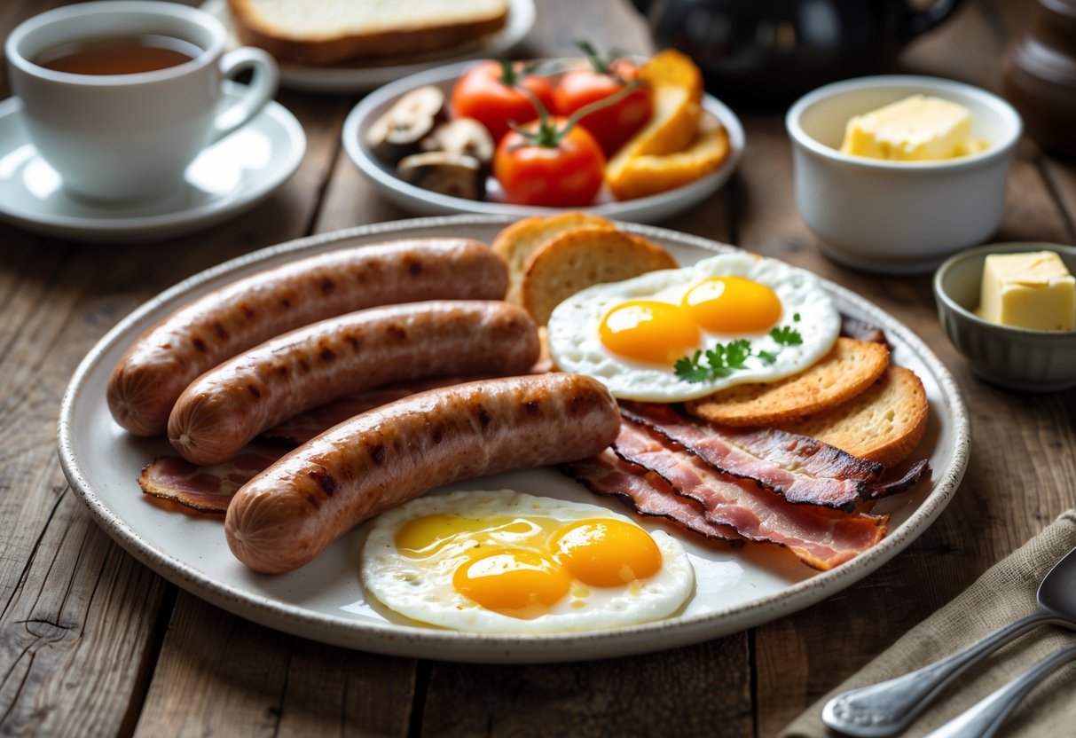 A plate with Irish sausages and rashers, fried eggs, grilled tomatoes, mushrooms, and soda bread on a wooden table with a cup of tea.