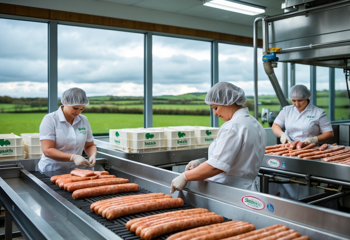 Workers in a meat processing facility packaging rashers and sausages with a view of the Irish countryside through large windows.