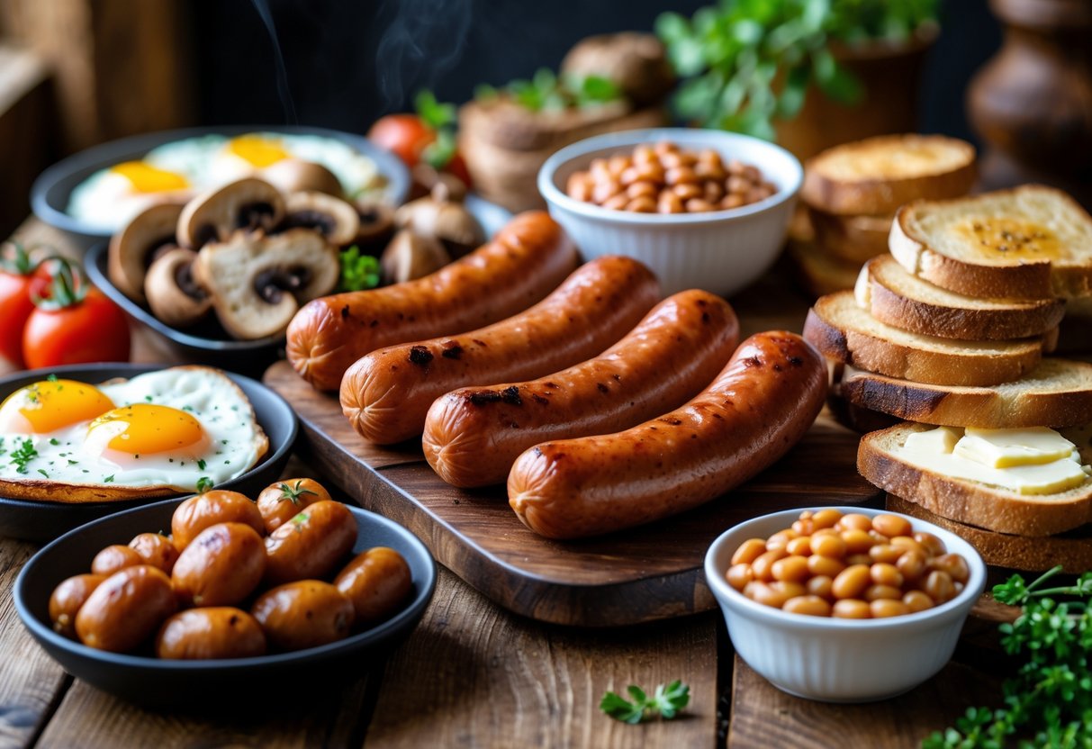 A traditional Irish breakfast with rashers, sausages, fried eggs, mushrooms, tomatoes, baked beans, and soda bread on a wooden table.