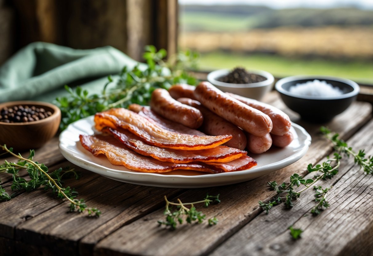 Plate with cooked rashers and sausages on a wooden table with fresh herbs and seasoning nearby.