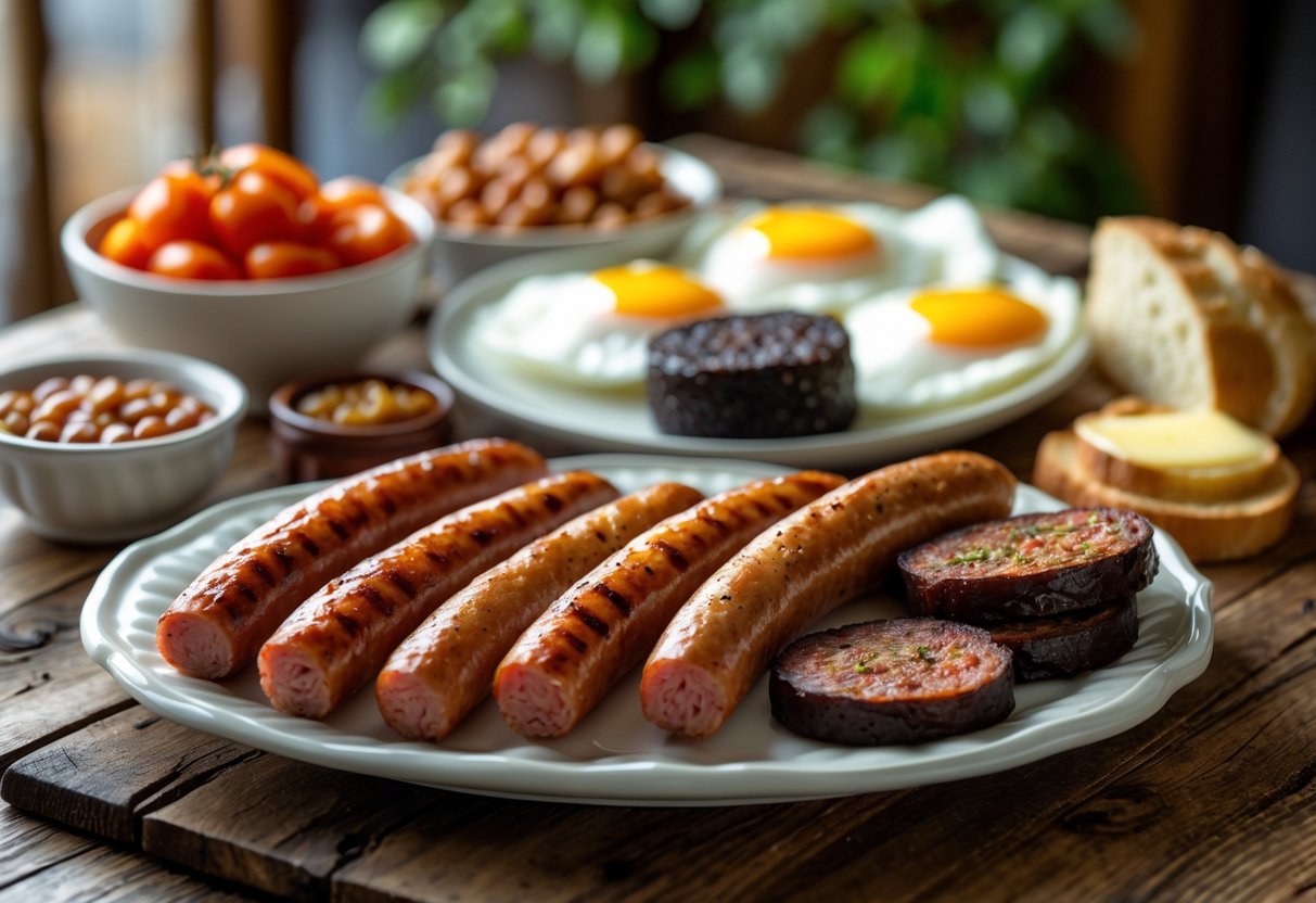 A plate of crispy rashers and sausages with fried eggs, grilled tomatoes, black pudding, baked beans, and soda bread on a wooden table.