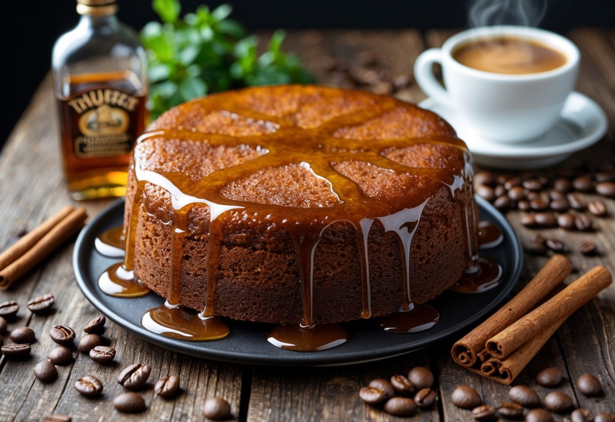 A close-up of an Irish coffee cake glazed with syrup on a wooden table, surrounded by whiskey, coffee beans, cinnamon sticks, and a cup of Irish coffee.