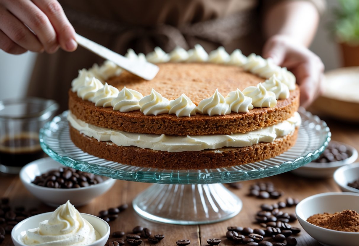 Close-up of a partially assembled Irish coffee cake on a glass cake stand with visible layers and a hand spreading cream, surrounded by small bowls of ingredients.