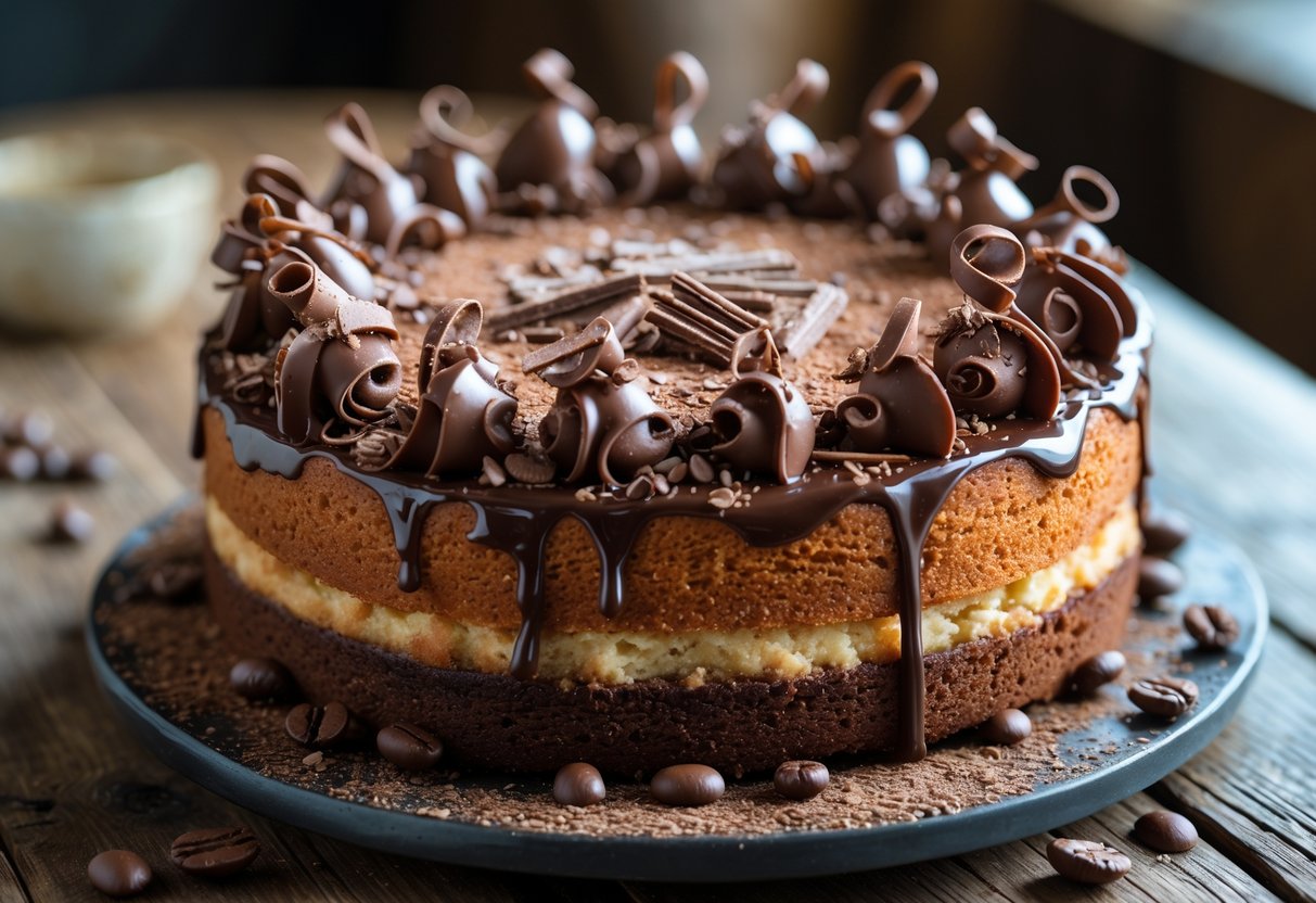 A close-up of an Irish coffee cake decorated with chocolate shavings and coffee beans on a wooden table.