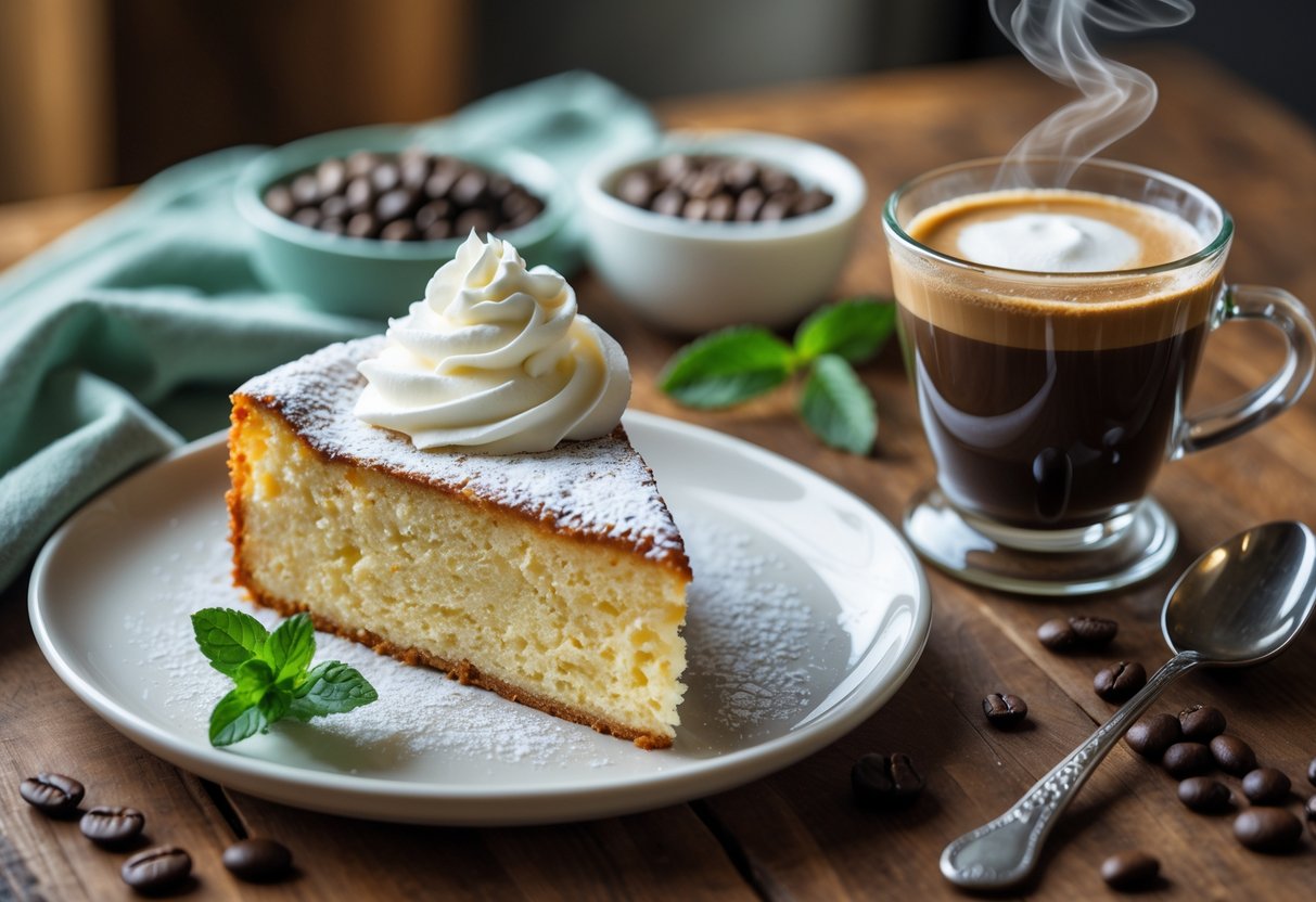 A slice of Irish coffee cake on a plate next to a glass of Irish coffee on a wooden table with coffee beans and a mint garnish.