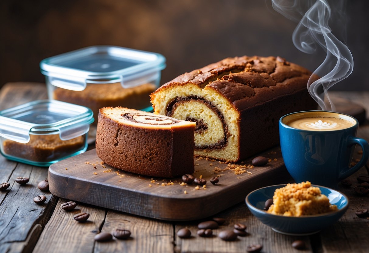 A sliced Irish coffee cake on a wooden table with glass storage containers holding cake slices and a steaming cup of Irish coffee nearby.