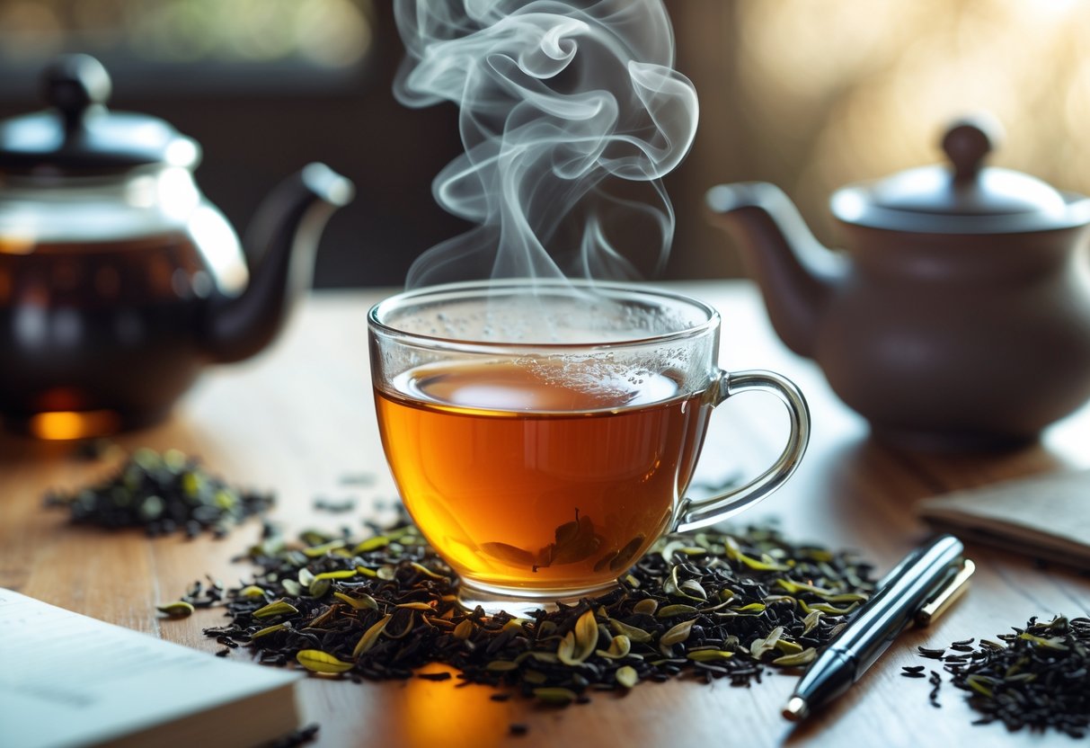 A steaming cup of Irish breakfast tea on a wooden table with loose tea leaves and a teapot nearby, alongside a notebook and pen.