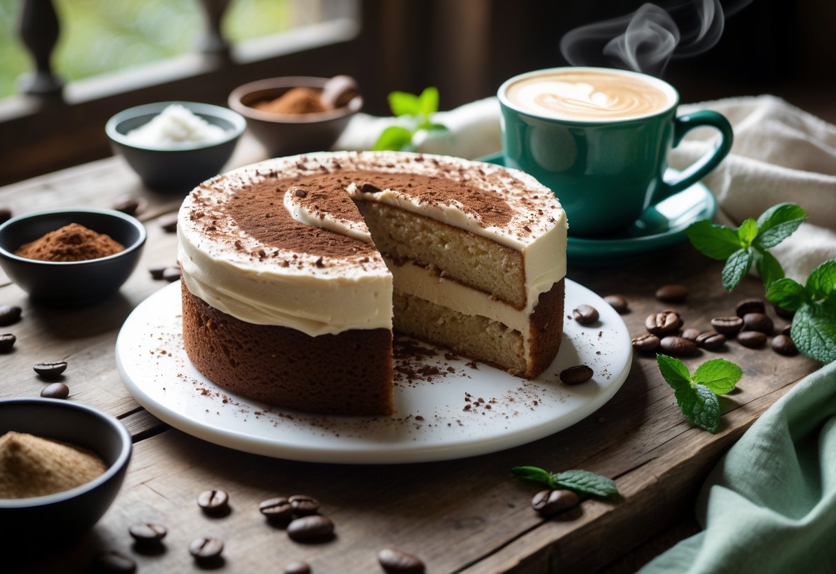 A sliced Irish coffee cake on a wooden table with bowls of alternative ingredients and a cup of Irish coffee nearby.
