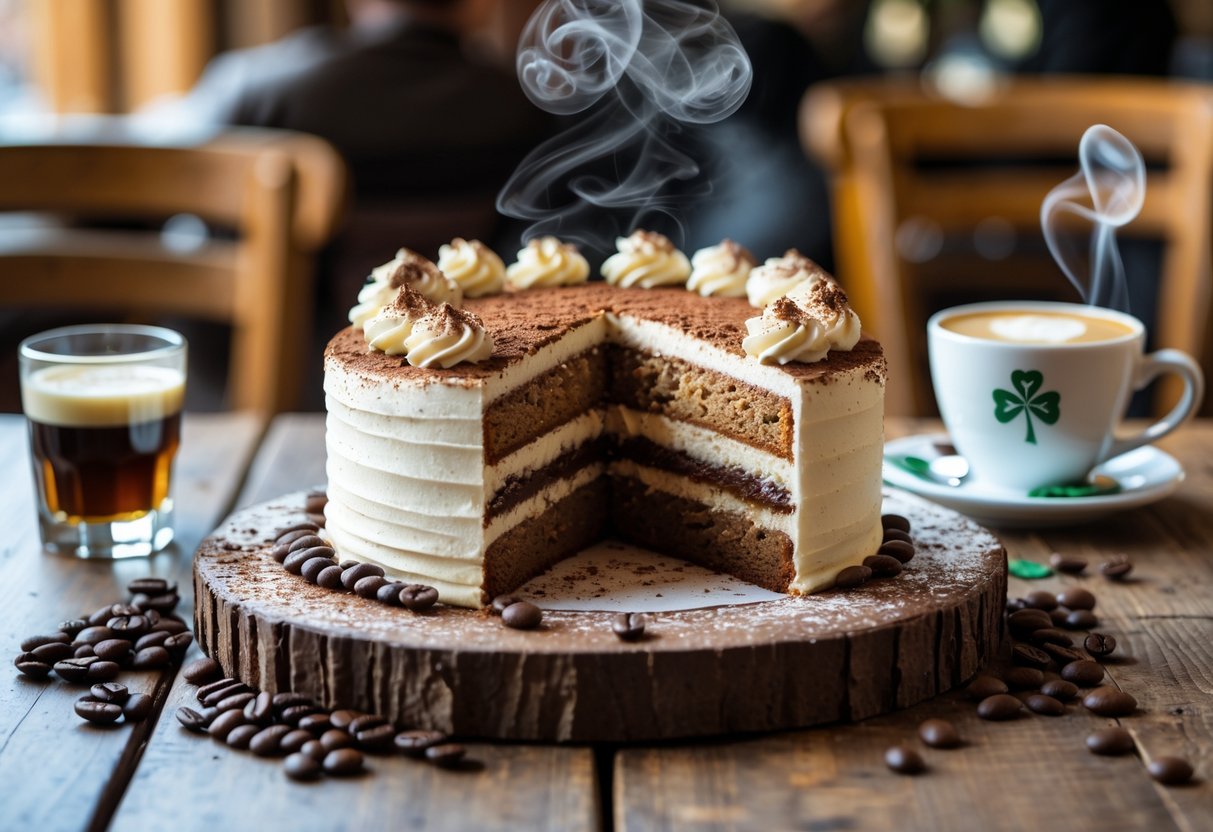 A sliced Irish coffee cake on a wooden table with a cup of Irish coffee, a small glass of whiskey, and coffee beans around it.