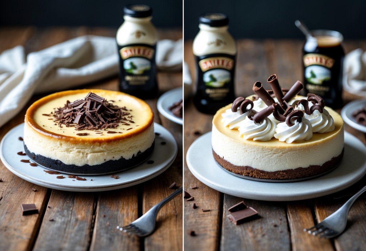 Two Baileys cheesecakes on a wooden table, one baked with a golden top and one no-bake with whipped cream, with a bottle of Baileys and chocolate pieces nearby.