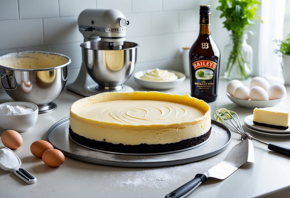 A kitchen countertop with a partially assembled Baileys cheesecake, baking tools, and ingredients arranged around it.