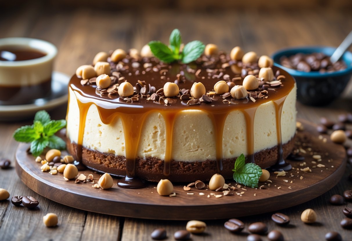 A Baileys cheesecake topped with caramel sauce, chocolate shavings, hazelnuts, and mint leaves on a wooden table with a small bowl of caramel sauce and coffee beans nearby.