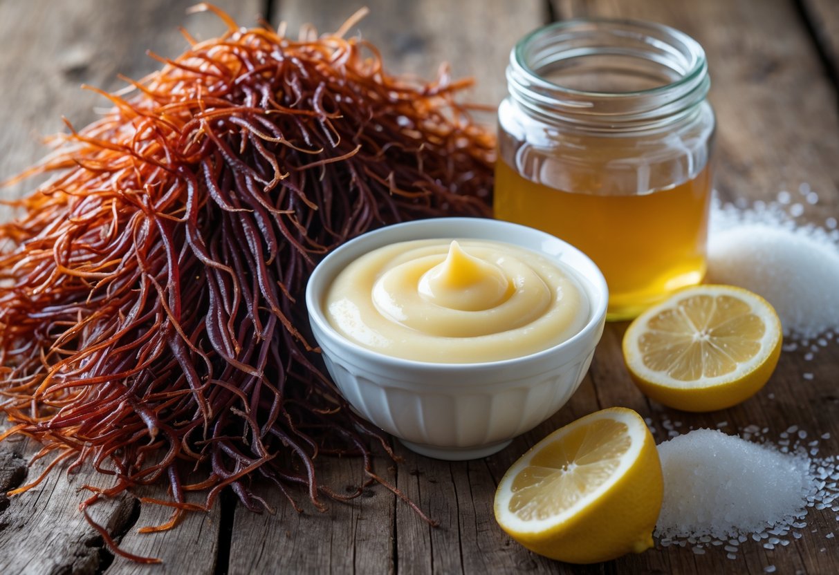 Close-up of fresh carrageen moss, a bowl of carrageen moss pudding, honey, lemon slices, and sugar on a wooden surface.