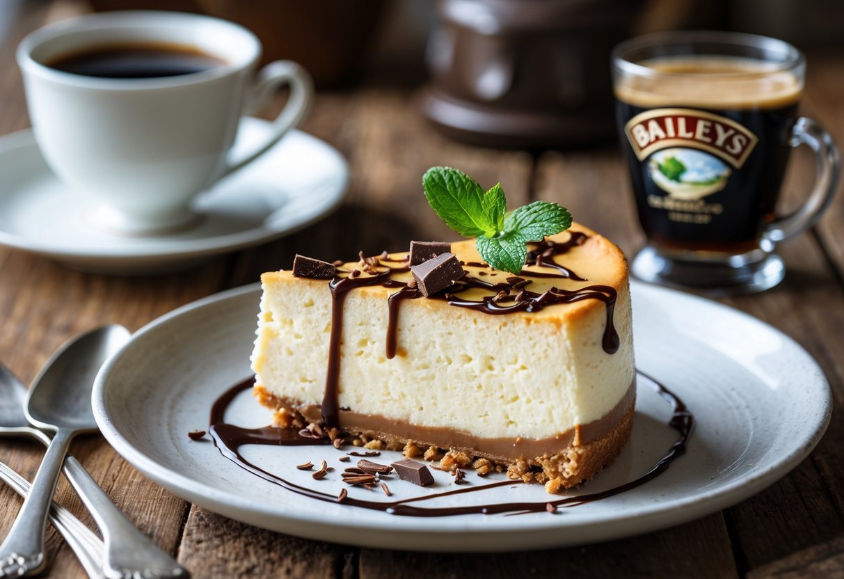 A slice of Baileys cheesecake on a white plate garnished with chocolate shavings and mint, placed on a wooden table with a cup of coffee and a glass of Baileys in the background.
