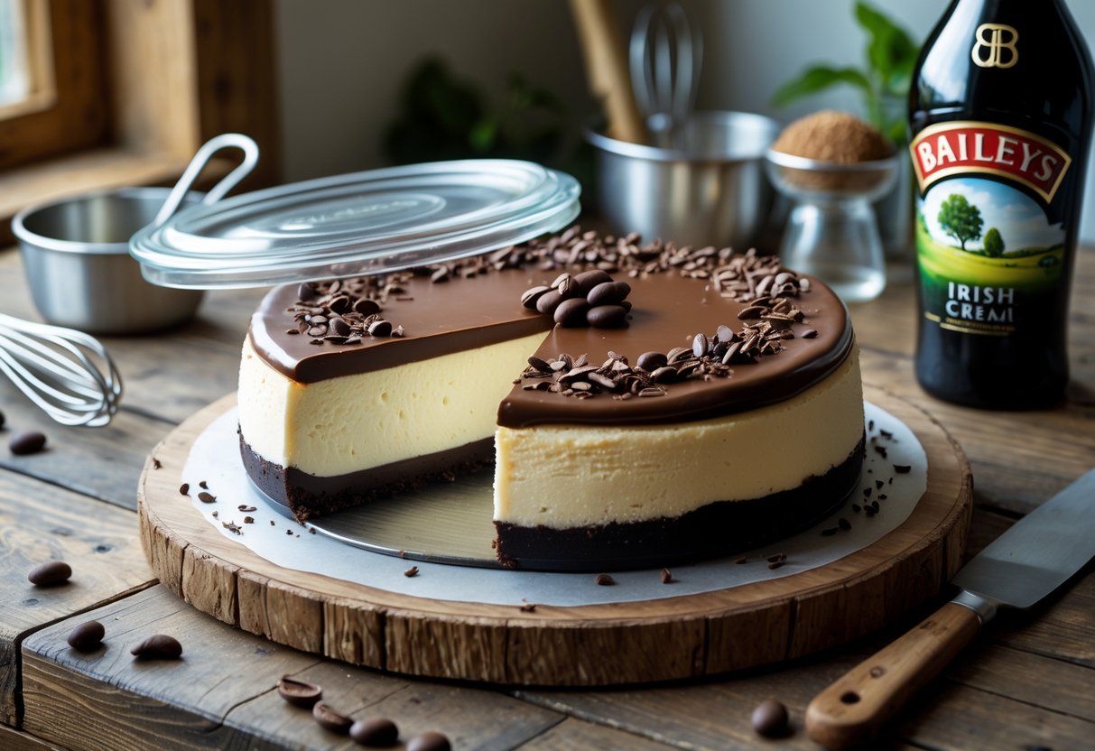 A Baileys cheesecake on a wooden table with a slice stored in a glass container, surrounded by kitchen utensils.
