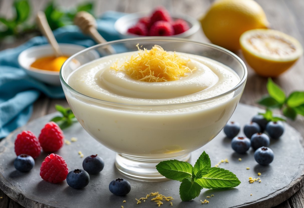 A glass bowl of carrageen moss pudding on a wooden table, surrounded by fresh berries, honey, mint, and citrus slices.