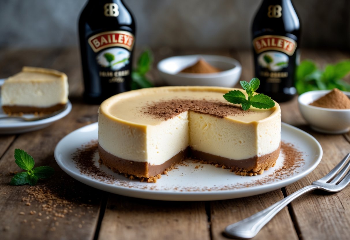 A Baileys cheesecake with a slice on a plate, a bottle of Baileys cream, and biscuit crumbs on a wooden table.